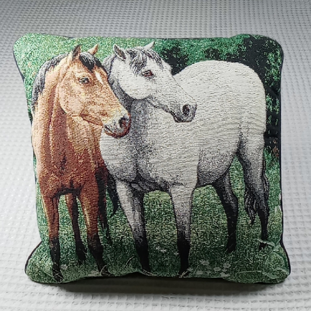 Vintage Tapestry Decorative Throw Pillow 2 Horses In A Grassy Setting 16x16